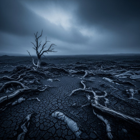 Dry lake with dead tree in the desert. Climate change concept.の素材