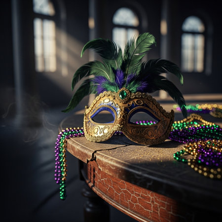 Traditional venetian carnival mask with feathers and beads on tableの素材