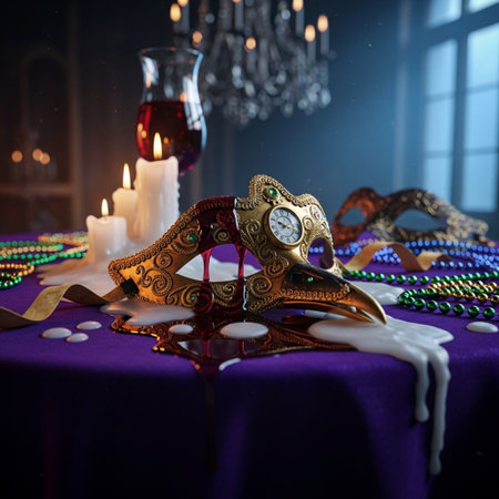 Beautiful Venetian carnival mask on the table. Selective focus.の素材