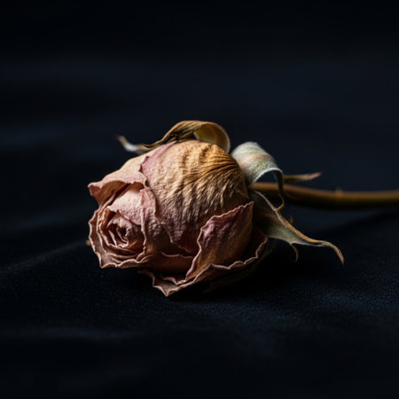 Dried rose on a black fabric background. Shallow depth of field.の素材