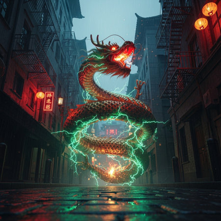 Dragon on the street in the city at night, 3d renderingの素材