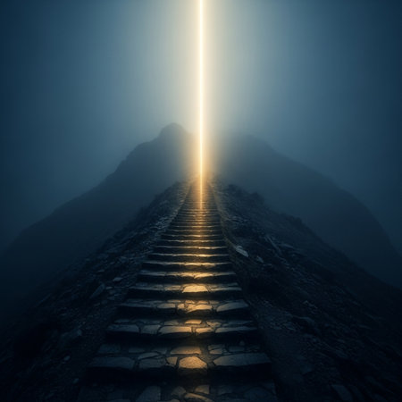 Staircase leading to the sun in the foggy mountains.の素材
