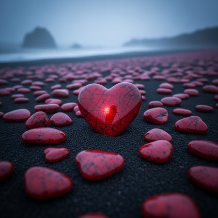 Red heart on the beach in foggy day. 3D renderingの素材
