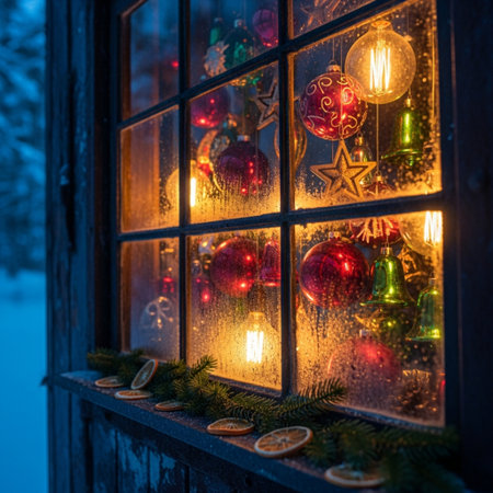 Christmas decorations in the window of an old house in the winter forestの素材