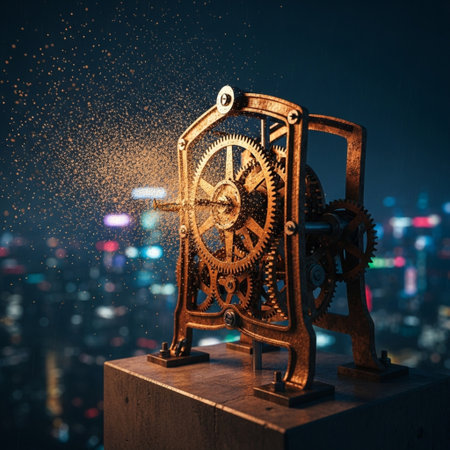 Old clock mechanism with golden gears on the background of the night cityの素材