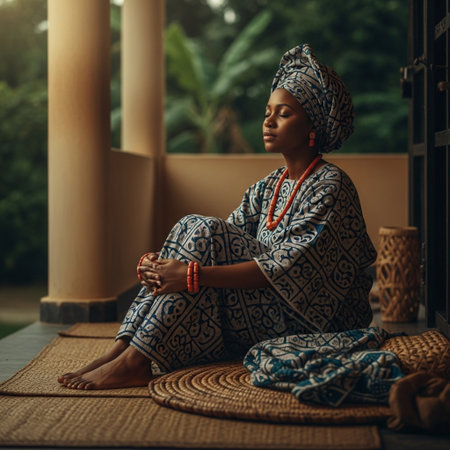 Beautiful african american woman in traditional clothes sitting on the terrace.の素材