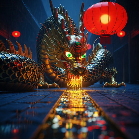 Dragon statue with chinese lanterns at night,3d rendering.の素材