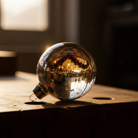 christmas ball on the wooden table with bokeh light backgroundの素材