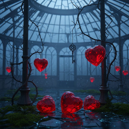 3D render of a heart-shaped object in an abandoned greenhouseの素材