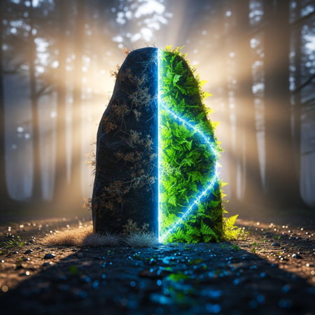 Mysterious stone with glowing neon sign in the forest. 3D renderingの素材