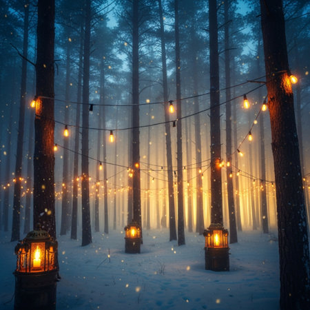 Foggy night in the winter forest with lanterns and snowfallの素材