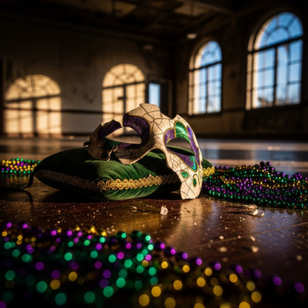 Carnival mask and beads on wooden floor in old room.の素材
