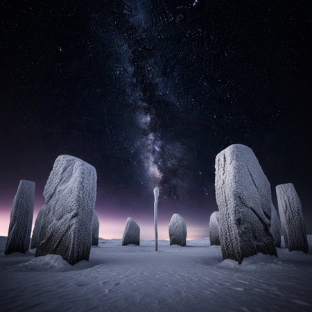 Mystical landscape with stone pillars and night sky. 3d renderingの素材