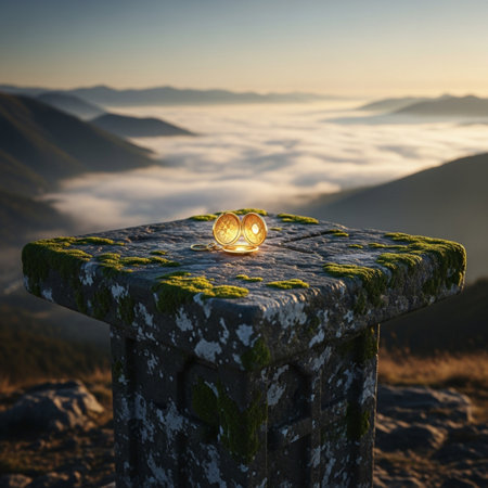 golden coin on top of a stone pillar in the mountains at sunriseの素材