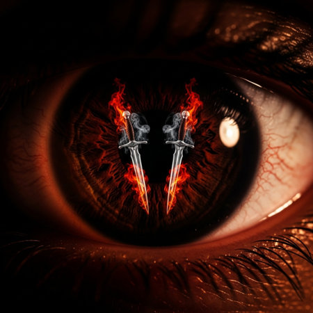 Eye with two swords in fire, conceptual image. 3d renderingの素材