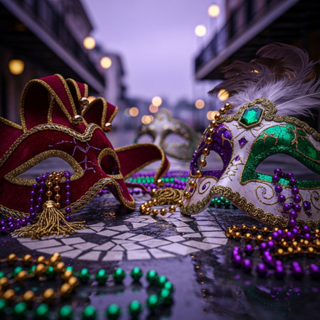 Traditional Venetian carnival masks with feathers and beads on the street.の素材