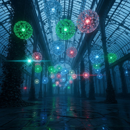 3D rendering of a large glass greenhouse full of christmas decorationsの素材