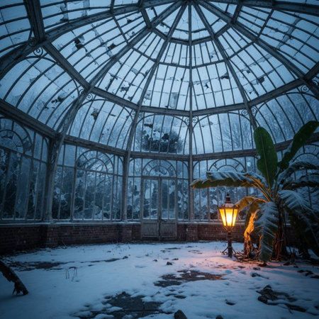 Greenhouse in winter with a lantern and a tree in the foregroundの素材