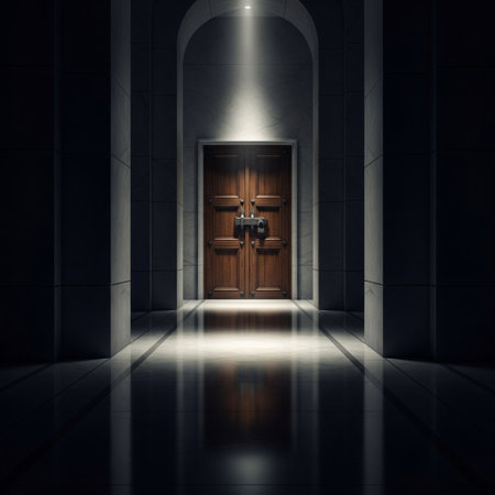 Door in dark room with light coming from above. 3D renderingの素材