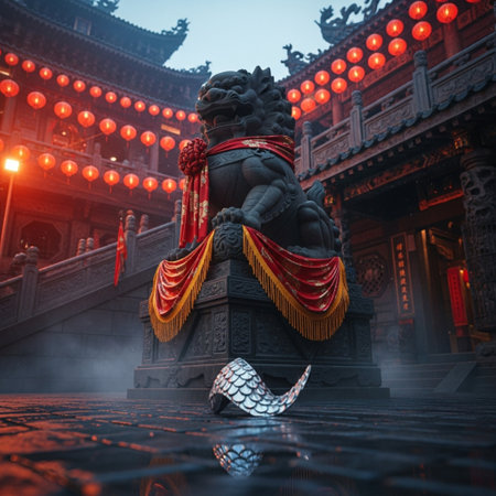Lion statue in chinese temple with red lanterns in the nightの素材