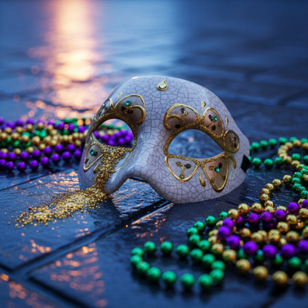 Traditional Venetian carnival mask with beads on dark background.の素材