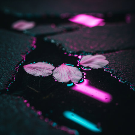 Beautiful pink flower petals floating on wet asphalt with neon light.の素材