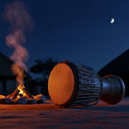 Djembe drum in front of a bonfire at nightの素材