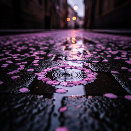 Pink rose petals falling down in a wet street after rain.の素材