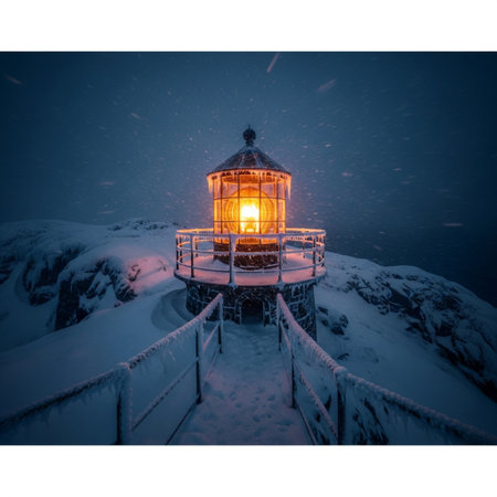 Lighthouse in the snow. Winter landscape with a place for text.の素材