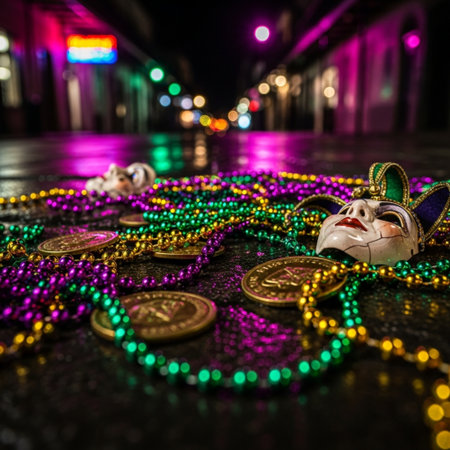 Mardi Gras mask with colorful beads and coins on the street.の素材