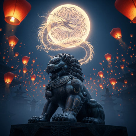 Lion statue with chinese lanterns in the night sky backgroundの素材