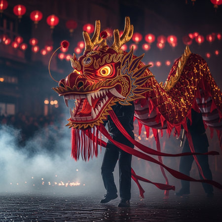 Chinese New Year celebration. Man in traditional costume with red dragon mask on dark background.の素材