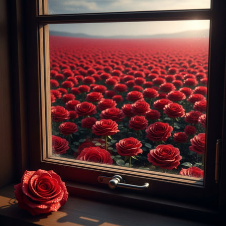 Beautiful red roses on the window with a view of the landscapeの素材