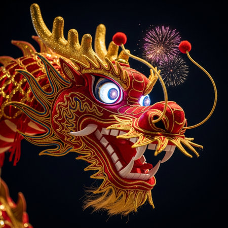 Chinese dragon statue with firework on black background, close-upの素材