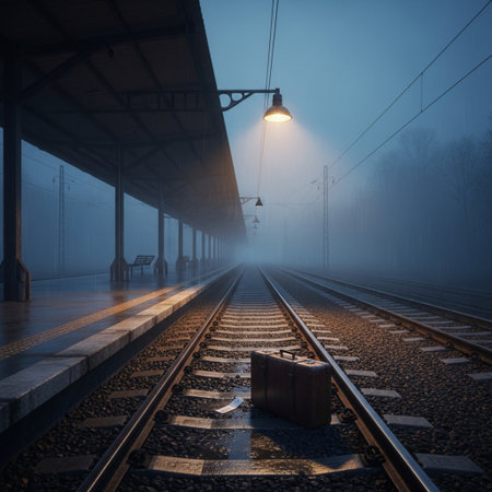 Railway station in a foggy morning with a suitcase and a lanternの素材