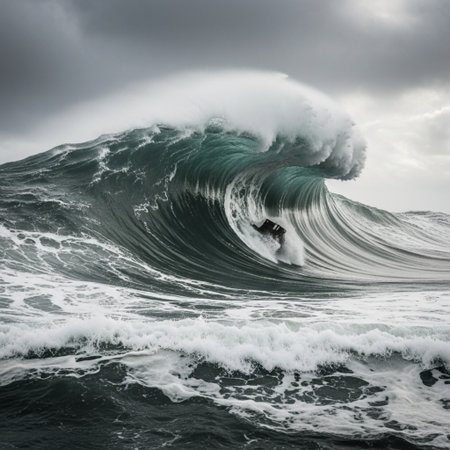 Surfing ocean wave on stormy day. Stormy sky and crashing ocean wave.の素材