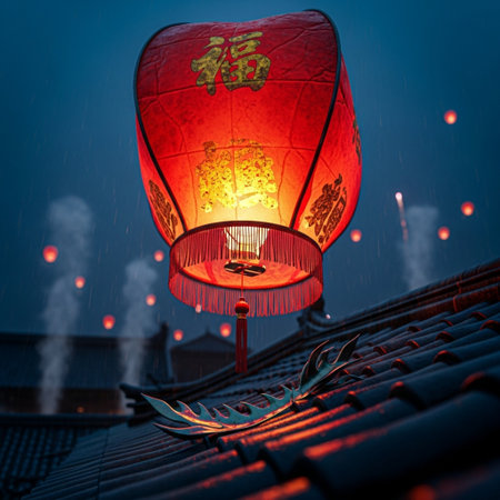 Chinese lanterns on the roof of a Chinese house in the nightの素材