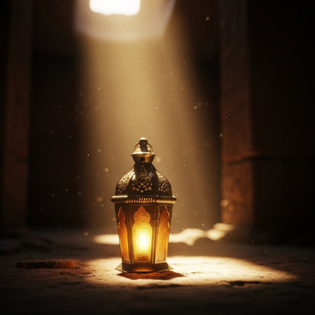 Ramadan Kareem greeting card. Traditional Arabic lantern glowing in the dark. Selective focusの素材