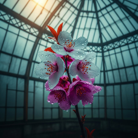Beautiful cherry blossom in a greenhouse, vintage toned.の素材