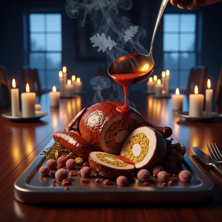 Pouring syrup on roasted turkey on wooden table. Selective focusの素材