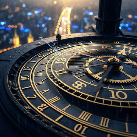 Conceptual image of clock face against the backdrop of night cityの素材