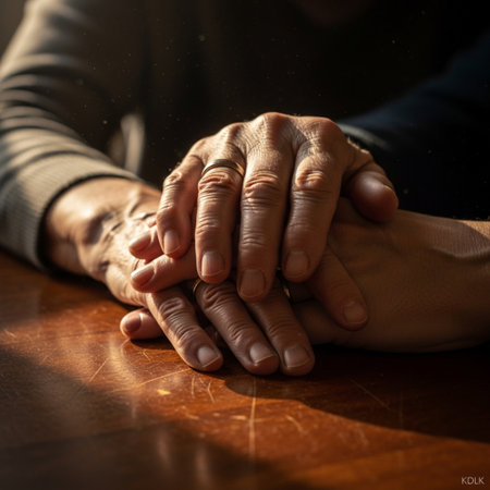 Hands of an elderly woman and a young man holding hands togetherの素材