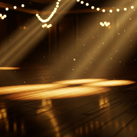 stage lighting effect with spotlights and wooden floor in the dark roomの素材