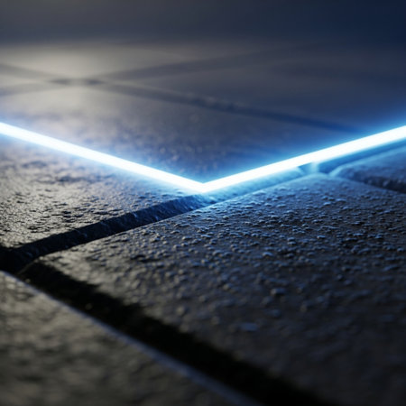 Blue neon light on the floor. Abstract background. Selective focus.の素材