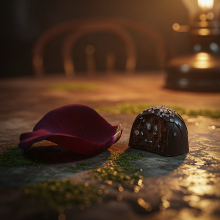 Chocolate candies and rose petals on wooden table. Selective focusの素材
