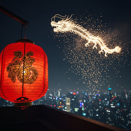 Chinese lanterns on the balcony at night with cityscape in the backgroundの素材