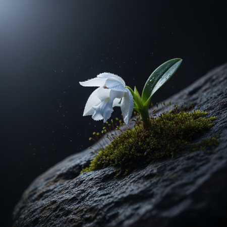 Snowdrop flower on the rock with dark background. Shallow depth of fieldの素材