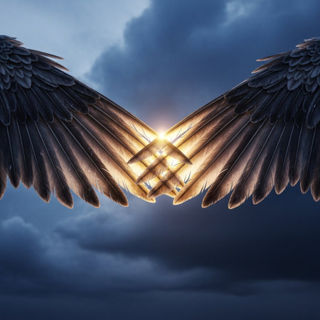Angel wings on a dark sky background. 3D render. Elements of this image furnished by NASAの素材