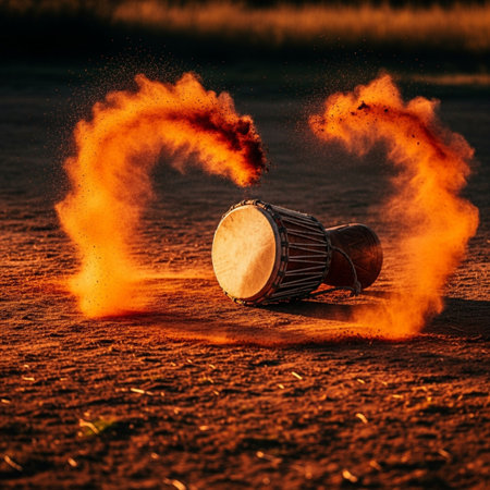 Drum on the sand in the sunset. Musical instrument with red smoke.の素材