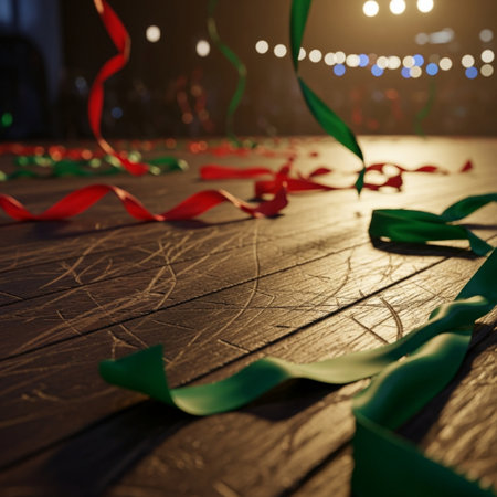 Red and green ribbons on a wooden floor with bokeh backgroundの素材